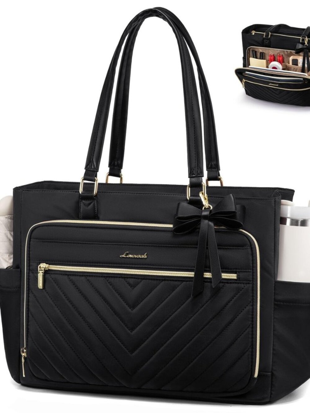 Laptop Tote Bag for Women, Work Bag Teacher Tote with Large Cup Holder, Quilted